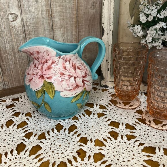 Teal French Country Pitcher/Vase with Pink Peony Flowers - Picture 4 of 7